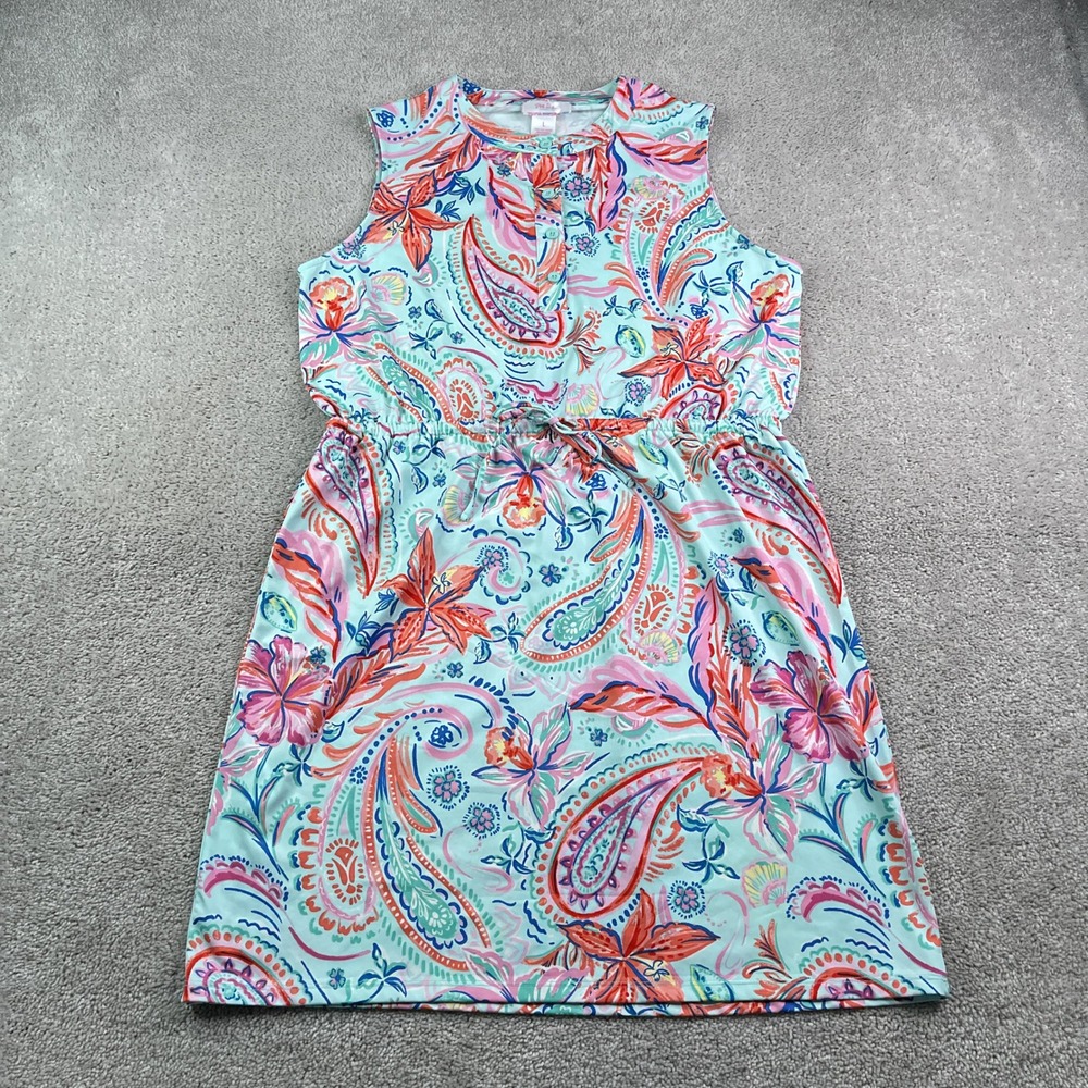 Stella Parker Dress Womens Large Blue Pink Paisley Sleeveless Cinch Waist Cruise